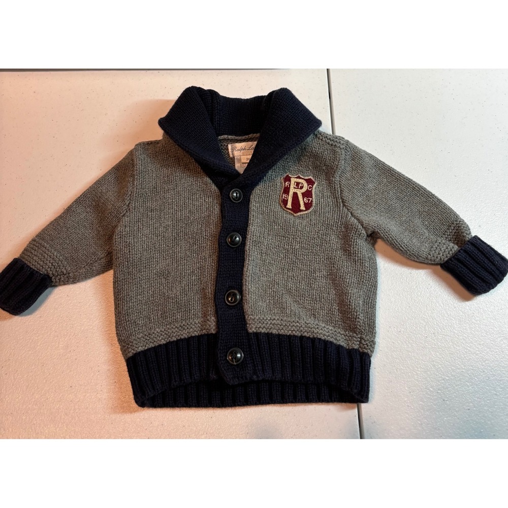 Ralph Lauren Baby Boys 3M Knit Cardigan Sweater Shawl Collar Shield Logo